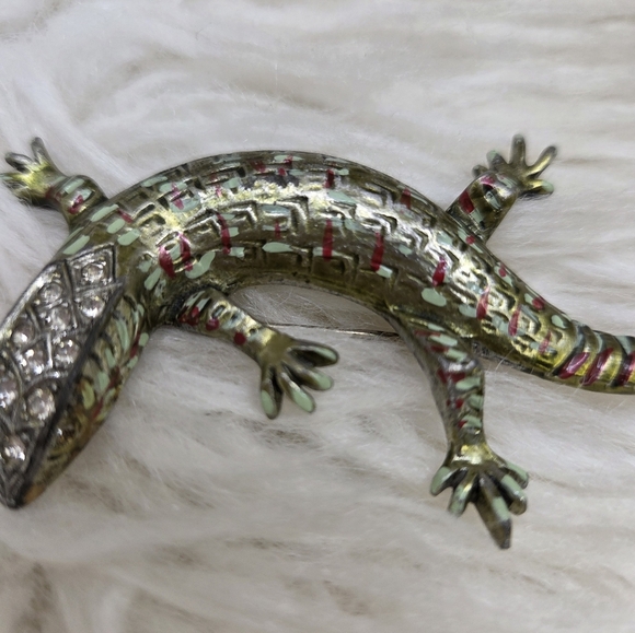 Vintage 1940s Coro Lizard Rhinestone Enamel Brooch Pin - Picture 3 of 11
